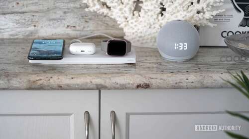 A user's Belkin 3-in-1 MagSafe charger rests on the kitchen counter.