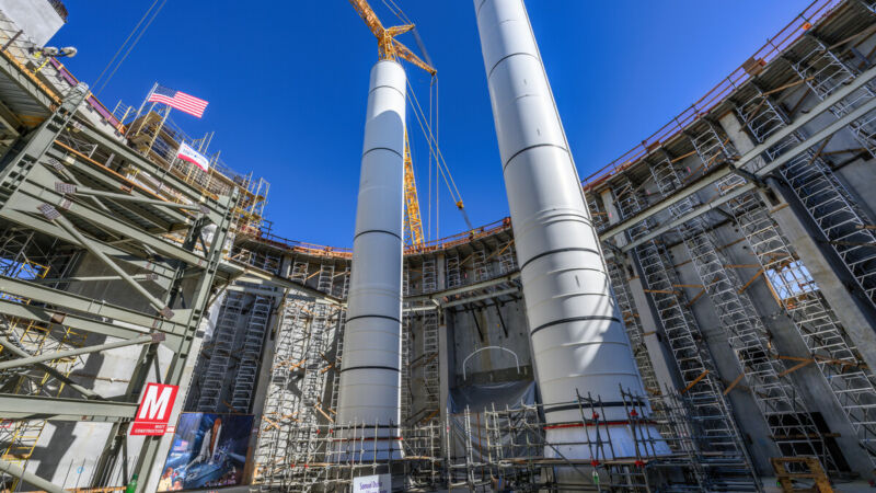 Solid rocket motors are stacked at the California Science Center for an eventual vertical display of space shuttle <em>Endeavour</em>. 