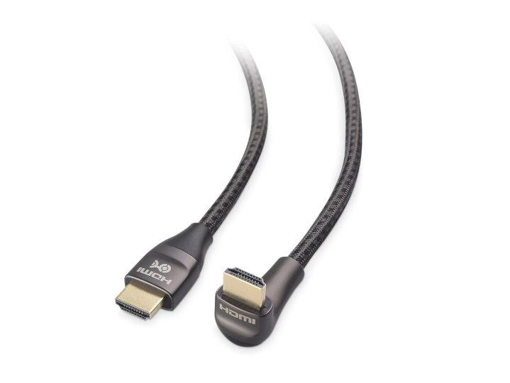 Both male heads of the Cable Matters Right Angle HDMI Cable on display.