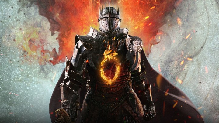 Dragon's Dogma 2 key art featuring a knight with a fiery hole in their chest.