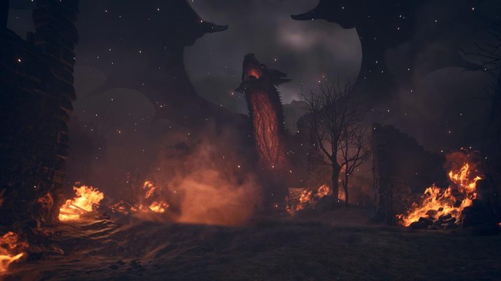 A dragon landing in a fiery landscape in Dragon's Dogma 2 key art.