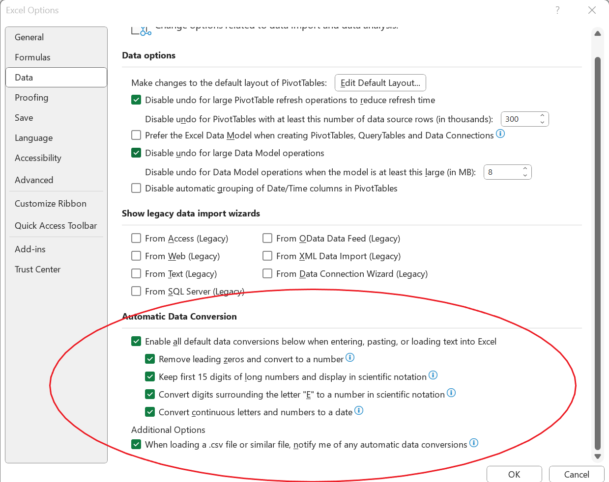 Screenshot of how to change Excel's default internal conversion behavior.