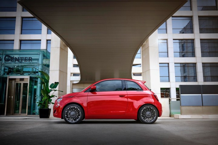 Profile view of a 2024 Fiat 500e.