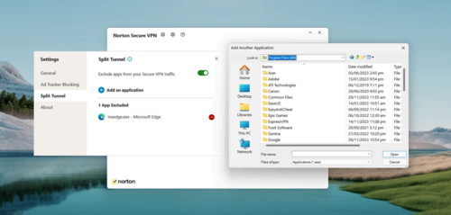Screenshot of Split tunneling on Norton.