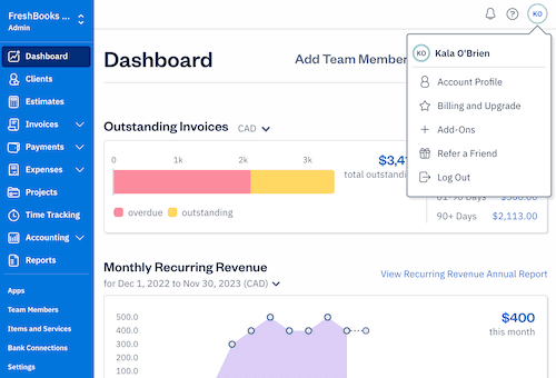 Freshbooks dashboard.