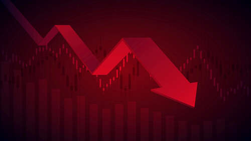 Abstract financial chart with download line graph and arrow in stock market on red colour background