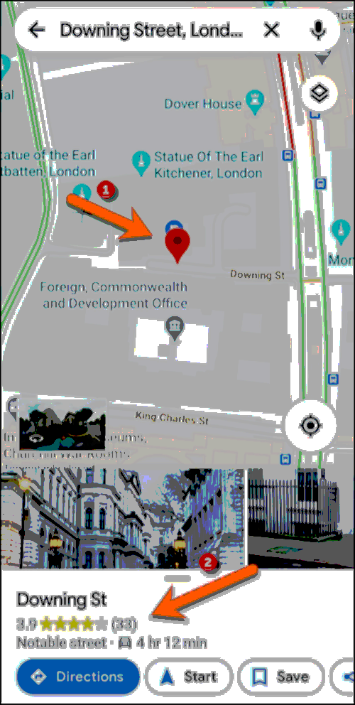 Searching for a location in Google Maps will generate a dropped pin in the same location. To view more information, tap the information panel at the bottom.