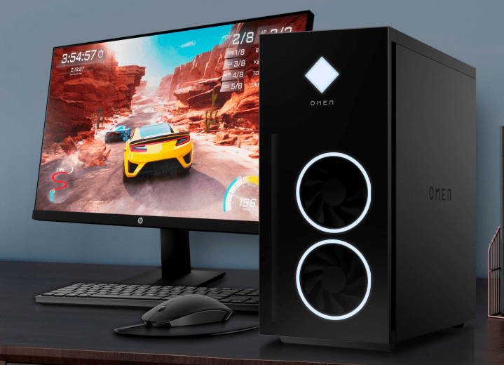 The HP Omen 40L gaming desktop with a monitor, mouse, and keyboard.