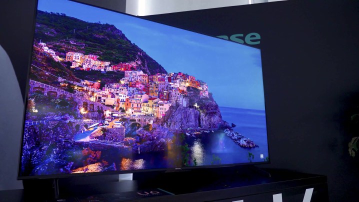 A village built into a seaside mountainside shown on a Hisense U6K.