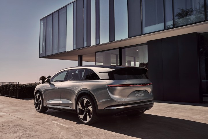 Rear three quarter view of a Lucid Gravity electric SUV.