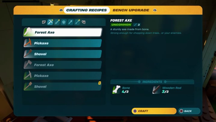 A crafting menu for an axe in Lego Fortnite.