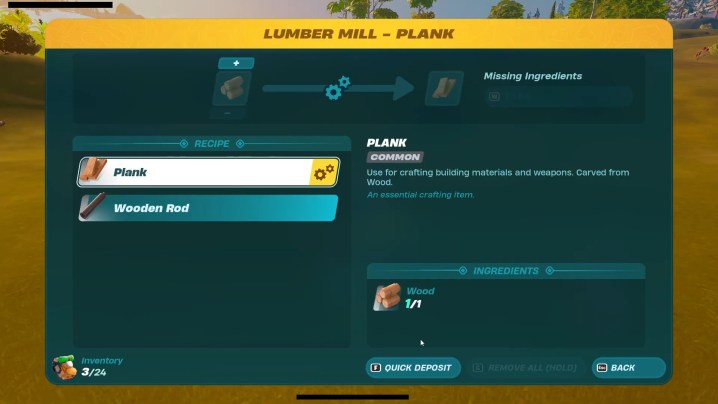 A crafting menu for planks in Lego Fortnite.