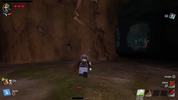 A lego dude in a cave in Lego Fortnite.