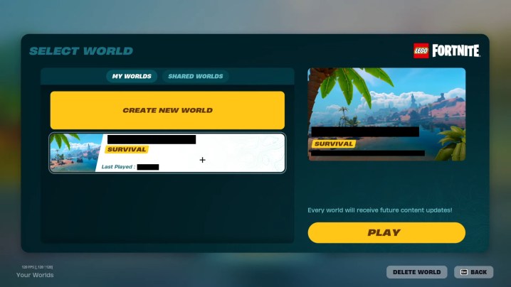 The world creation screen in Lego Fortnite.