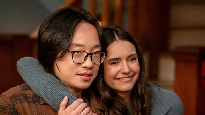 Jimmy O. Yang and Nina Dobrev in Love Hard.