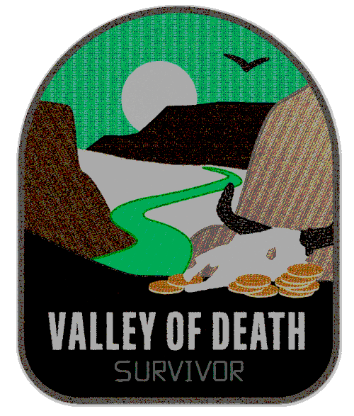 an embroidered patch based on the Valley of Death with the words "Valley of Death Survivor" at the bottom