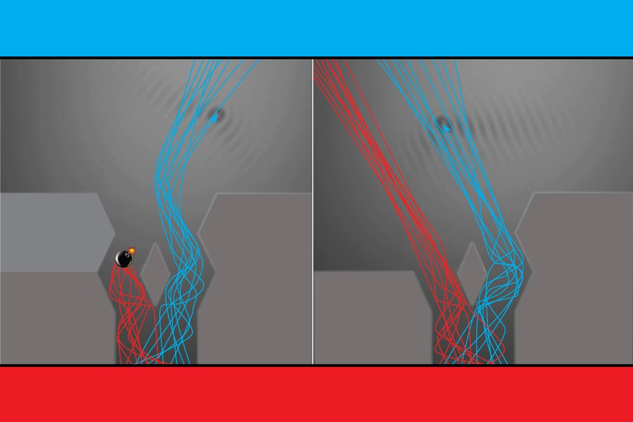 Two images showing blue and red lines, with a bomb visible in a corridor of one image. Used to explain the quantum bomb tester experiment.