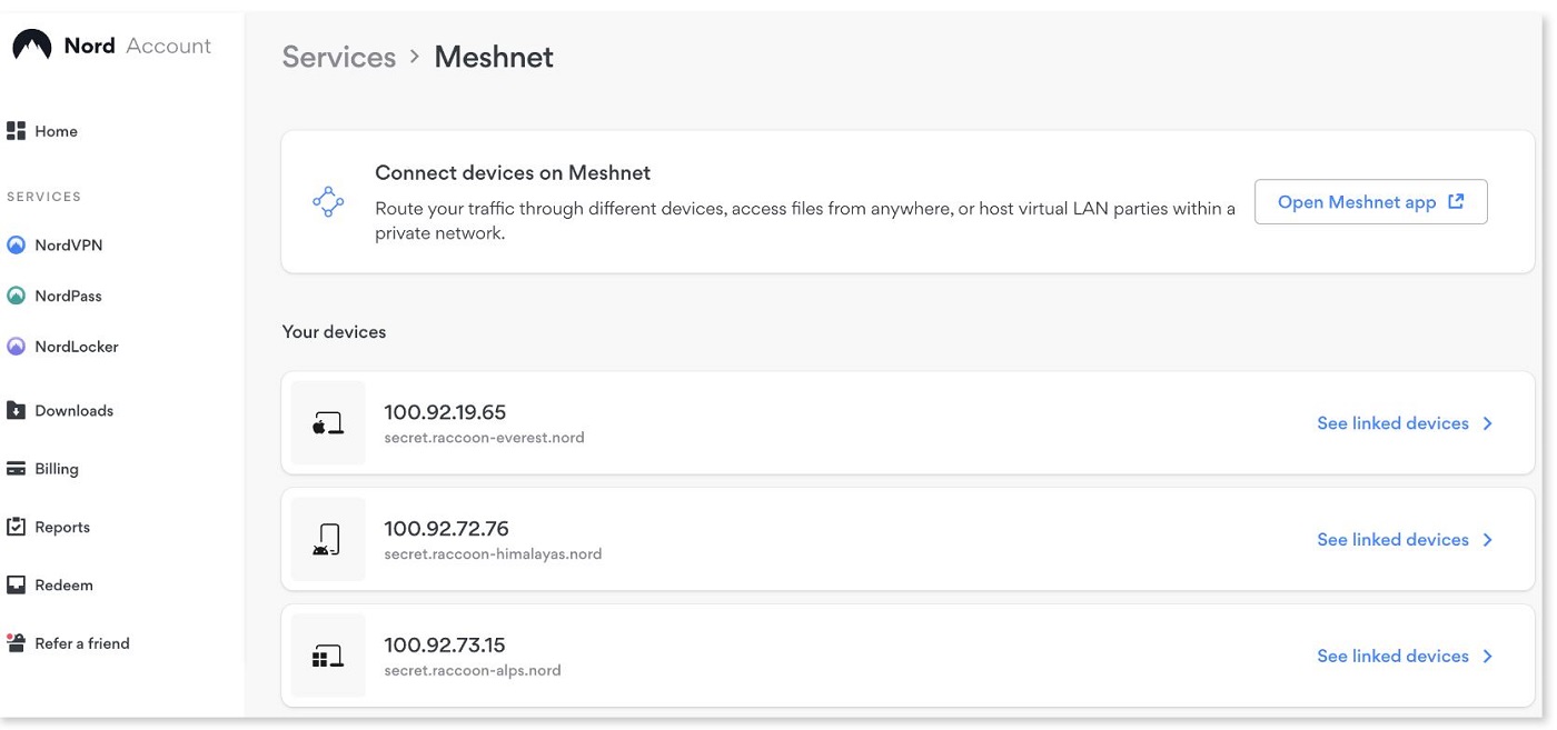 Screenshot of NordVPN Meshnet.