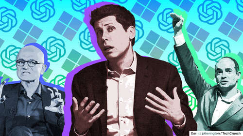 Sam Altman, Satya Nadella and Ilya Sutskever in an illustration collage