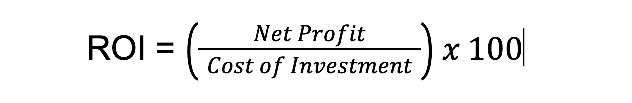 ROI = (Net Profit / Cost of Investment) x 100