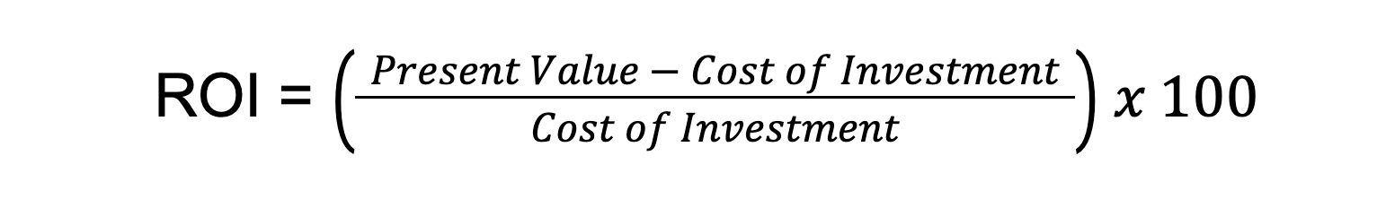 ROI = ({Present Value - Cost of Investment} / Cost of Investment) x 100