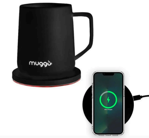 Muggo mug warmer and phone charger on white background.