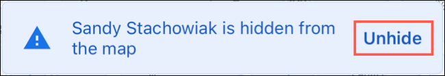 Tap Unhide to show a contact on the map