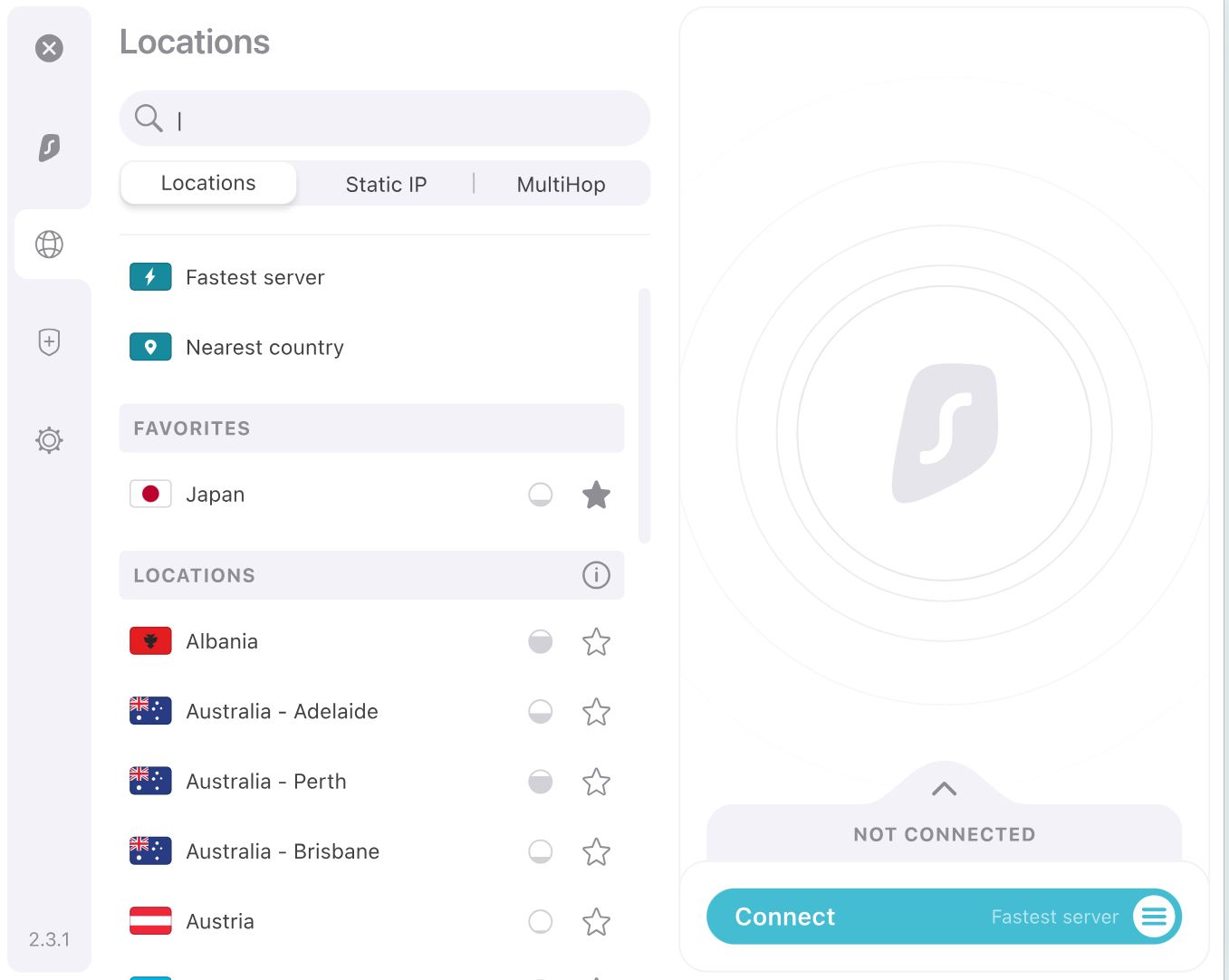 Screenshot of Surfshark location selection dashboard.