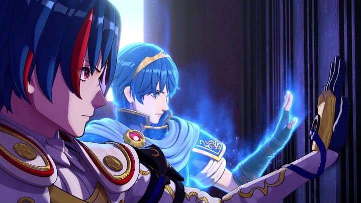 Alear and Marth open a door in Fire Emblem Engage.