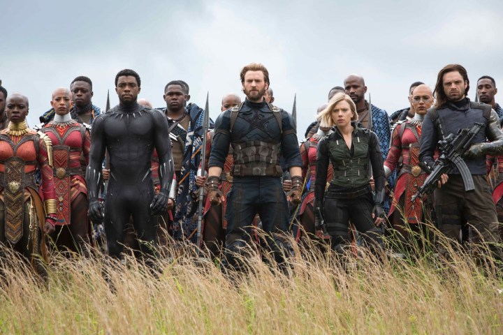 T'Challa, Captain America, and Black Widow stand in front of the Wakandan army in "Avengers: Infinity War."