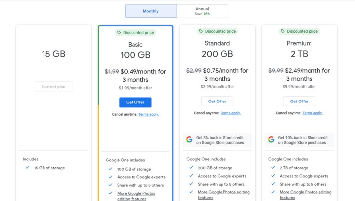 Updated pricing tiers for Google One storage plans.