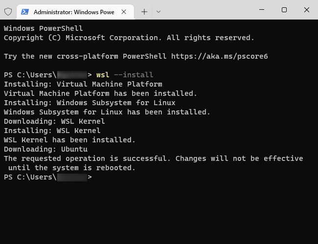 PowerShell running WSL install command successfully.