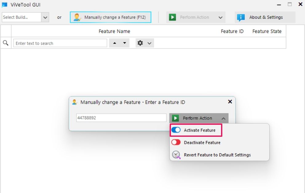 Activate Feature option in ViVeTool