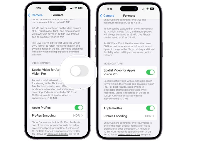 Steps showing the activation of Spatial Video on an iPhone 15 Pro or iPhone 15 Pro Max with iOS 17.2 installed.