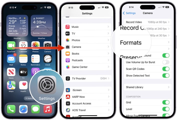 Steps showing the activation of Spatial Video on an iPhone 15 Pro or iPhone 15 Pro Max with iOS 17.2 installed.