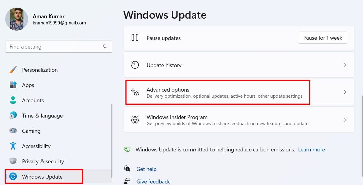 Advanced options in Windows Update