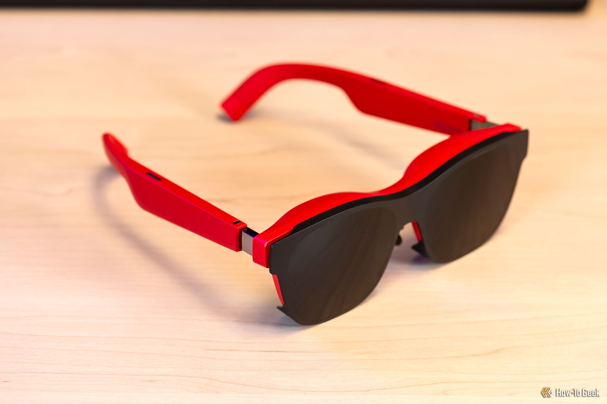 Angled view of the XReal Air 2 Glasses with the light shield on.