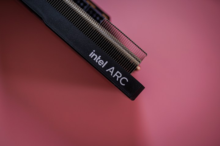 Intel Arc logo on the Arc A580 GPU.