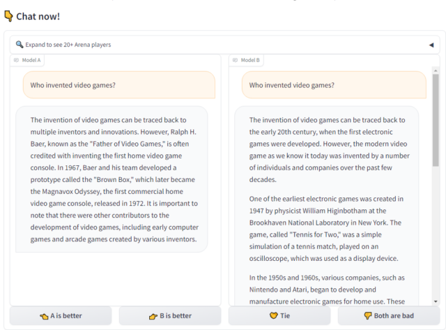 A blind test on our old favorite "Who invented video games?" prompt. Note that Model B goes on for much longer if you scroll (and mistakenly says Nintendo and Atari were making video games in the '60s)