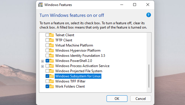 Enable the "Windows Subsystem for Linux" option and click "OK."