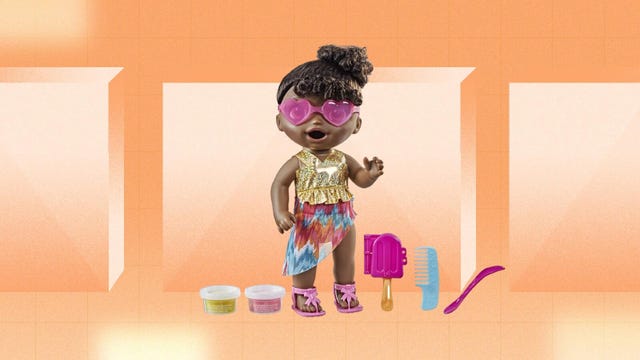 A baby alive doll in pink sunglasses