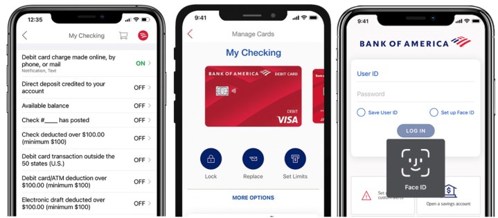 Screenshots of the Bank of America app for iOS.