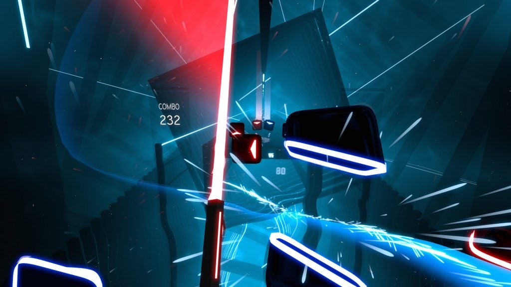 Screenshot from a VR game called Beat Saber