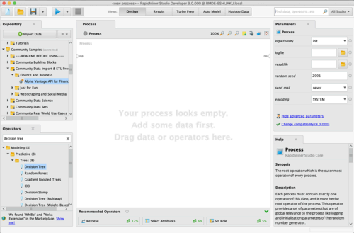 Screenshot of RapidMiner drag and drop design view.