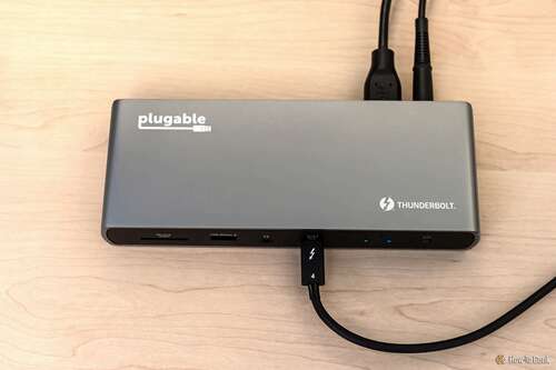 Cables plugged into the Plugable Thunderbolt 4