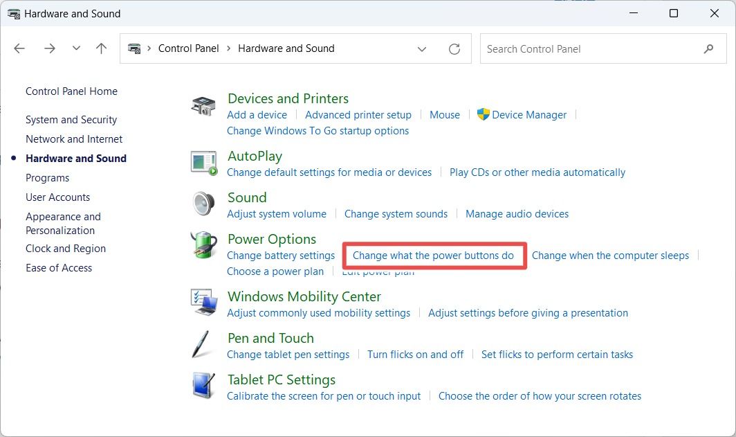 The 'Change What the Power Buttons Do' link in Control Panel