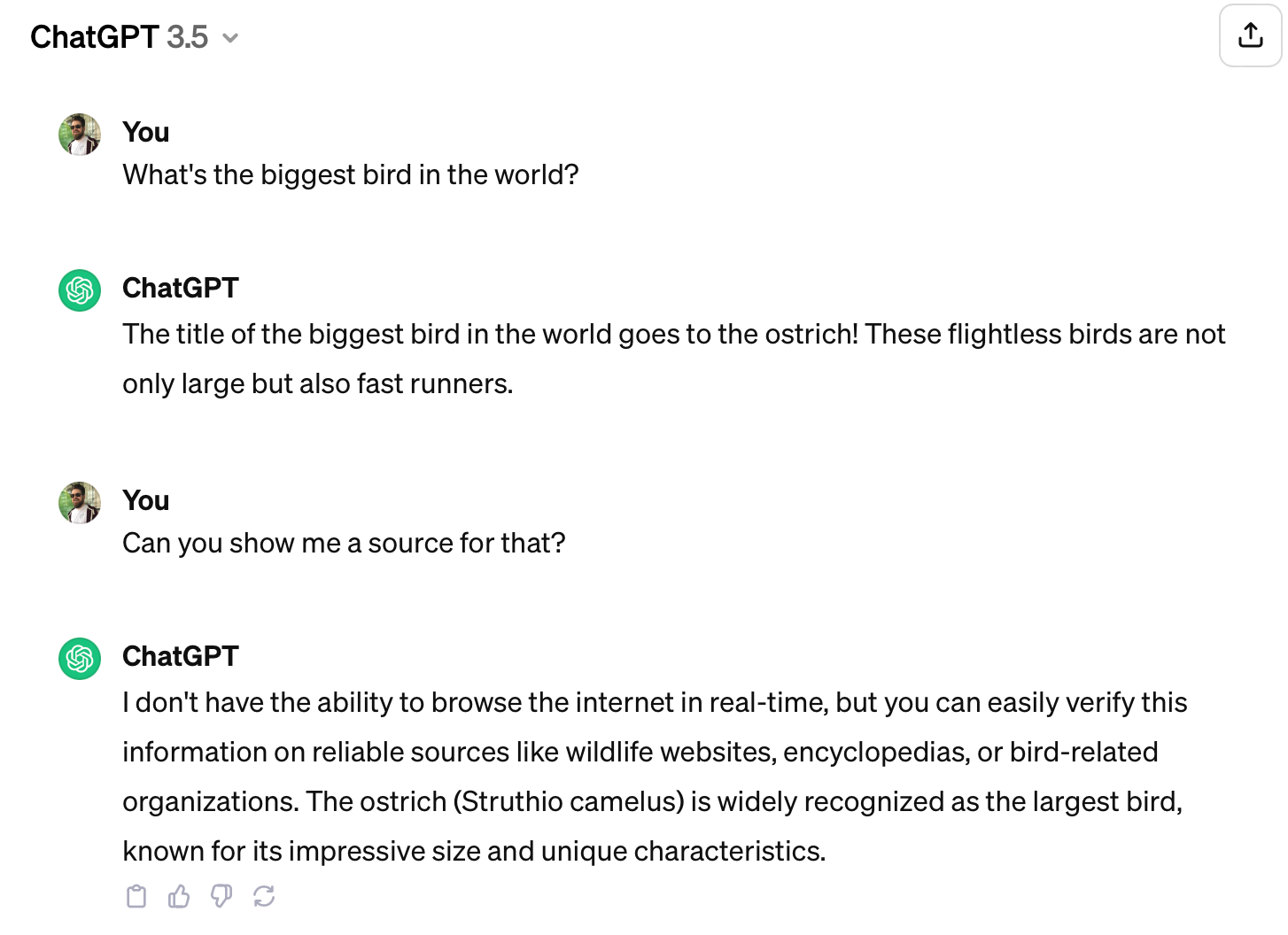 ChatGPT-3.5 stating that it is unable to reveal its sources due to tech limitations