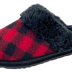 A hard-soled, open-backed slipper with red and black hatch marks.