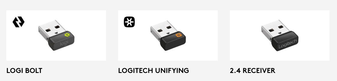 Images of the Logi Bolt USB adapter, Logitech Unifying adapter, and 2.4 GHz Receiver