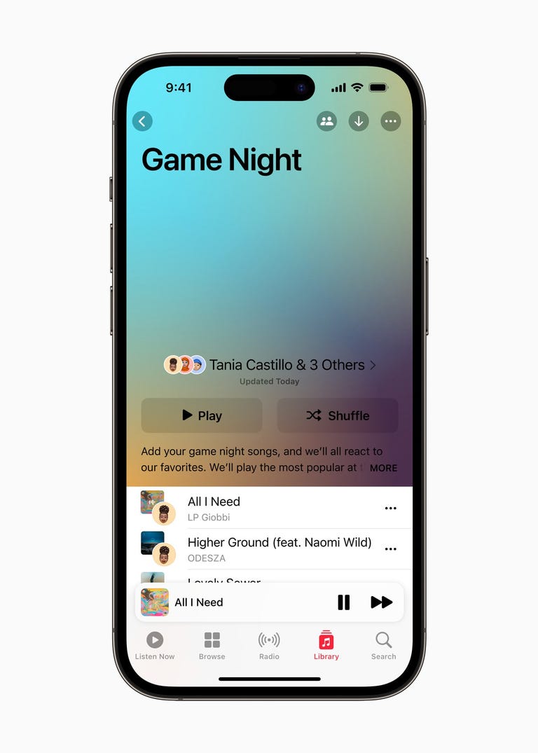 a picture of an iPhone showing Game Night collaborative playlist with four participants